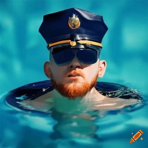 Bald man with a red beard swimming in a pool in a police uniform on Craiyon