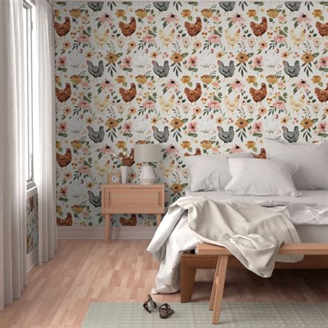 Watercolor Chicken Floral on Textured Wallpaper | Spoonflower