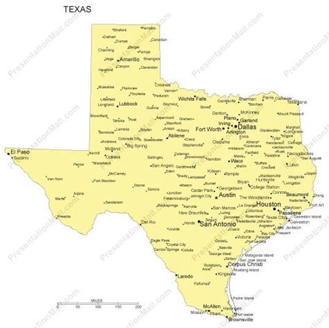 Texas Outline Map with Capitals & Major Cities- Digital Vector, Illustrator, PDF, WMF