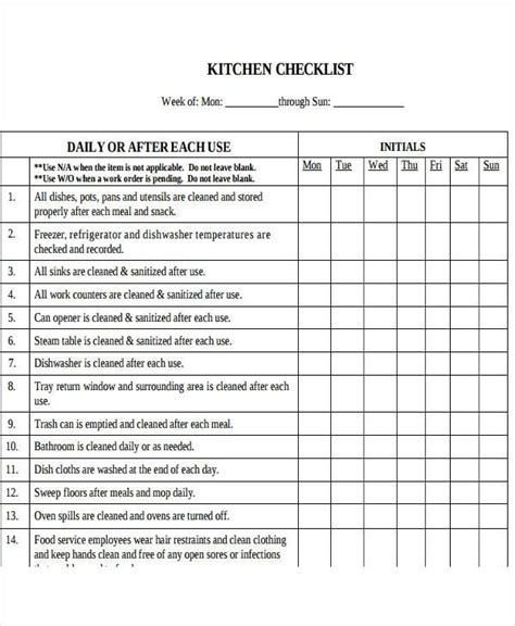 Restaurant Kitchen Cleaning Checklist Template Word - Letter Words ...