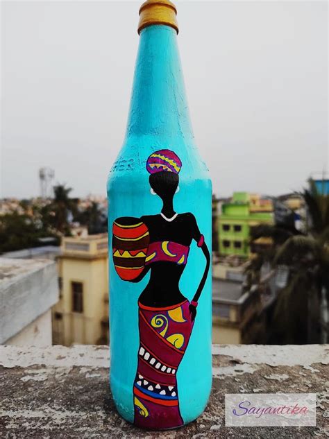 Madhubani painting Tribal Leady Bottle Art - Necessity eStore