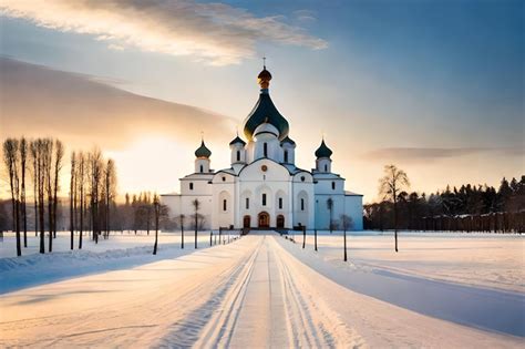 Premium AI Image | a church in a snowy landscape with a snow covered road.