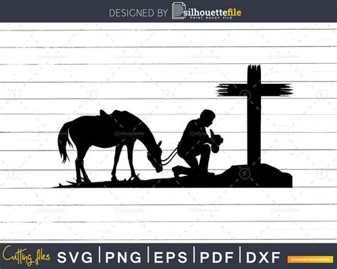 This cut file includes Cowboy with Horse Kneeling Praying at Memorial Cross SVG File Vector Art ...