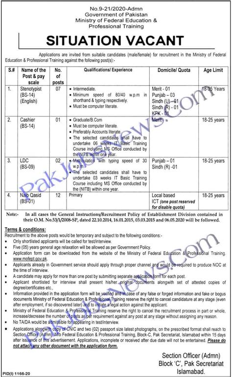 Ministry of Federal Education Jobs Sep 2020 - Pakistan Jobs News