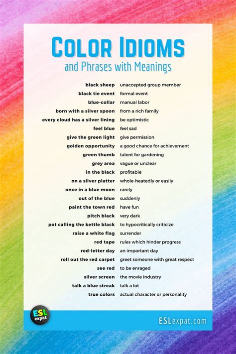 Color Idioms List with Meanings, Examples, & PDFs - ESL Expat | Idioms and phrases, English ...