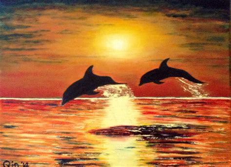 Dolphins at Sunset. Oil on Canvas. 9 in x 12 in by SharonQin on DeviantArt