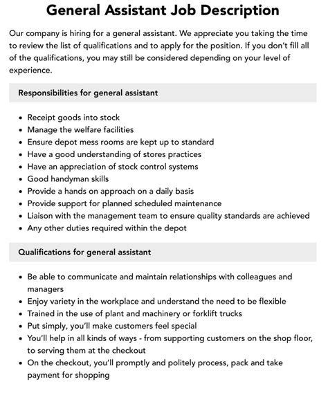 General Assistant Job Description | Velvet Jobs