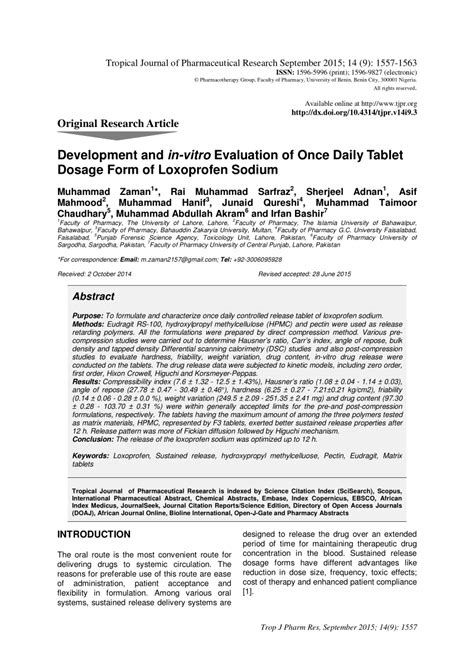 (PDF) Development and in-vitro Evaluation of Once Daily Tablet Dosage ...