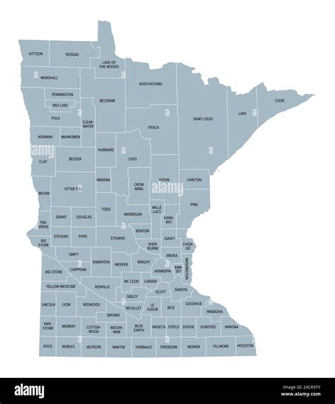 Minnesota counties, gray political map. Minnesota, a state in the Upper ...