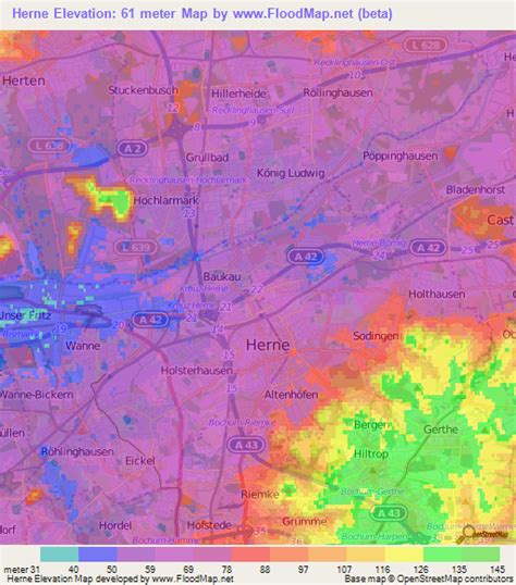 Elevation of Herne,Germany Elevation Map, Topography, Contour