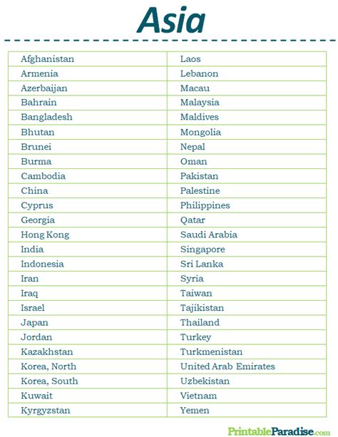 Printable List of Countries in Asia