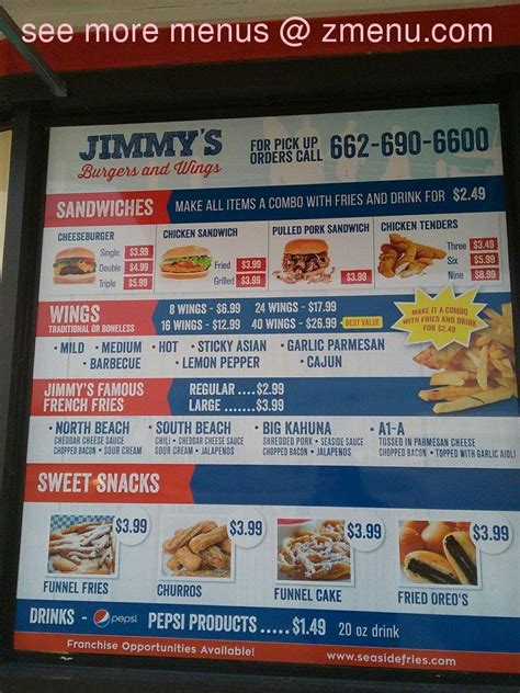 Menu at JIMMY'S SEASIDE BURGER AND WINGS restaurant, Tupelo, S Gloster St