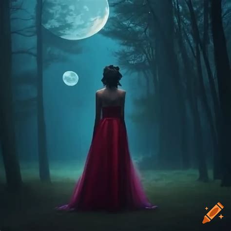 Woman in long dress, night, moon, forest, cinematic lighting