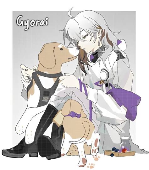 an anime character is kissing a dog on the cheek with another person standing behind him