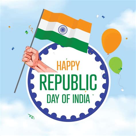 Republic day of india. Hand proudly holding indian flag with confetti and ballons flying around ...