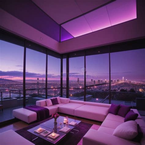 A Sofa and Table Sitting in Front of Large Windows with Cityscape ...