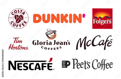 Logos set of Biggest Coffee Brands in the World, such as: Costa Coffee, Dunkin, Folgers, Tim ...