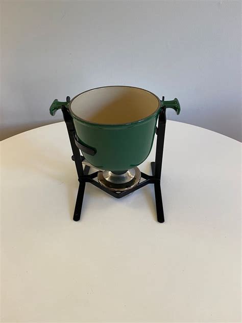 Vintage Le Creuset Fondue Pot with Stand, Green Enameled Cast Iron ...