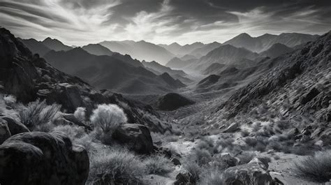 Premium AI Image | A black and white photo of mountains and a mountain ...