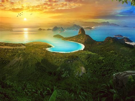 Wallpaper rio de janeiro, sunrise, aerial view, forest, coast, landscape desktop wallpaper, hd ...