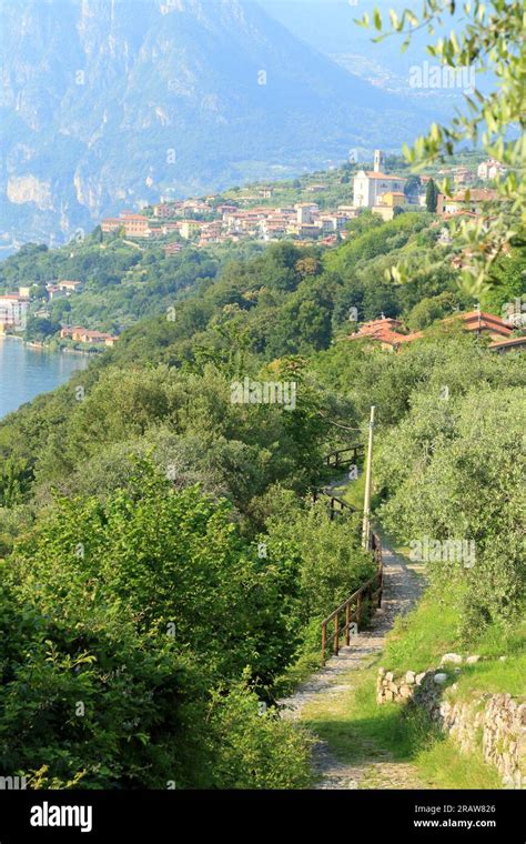 Lake Iseo. Hiking path to Torre Rocca Martinengo Castle of Monte Isola. Lago d'Iseo, Iseosee ...