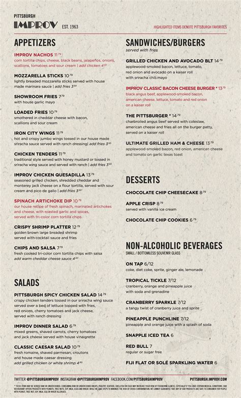 Pittsburgh Improv Comedy Club menu in Homestead, Pennsylvania