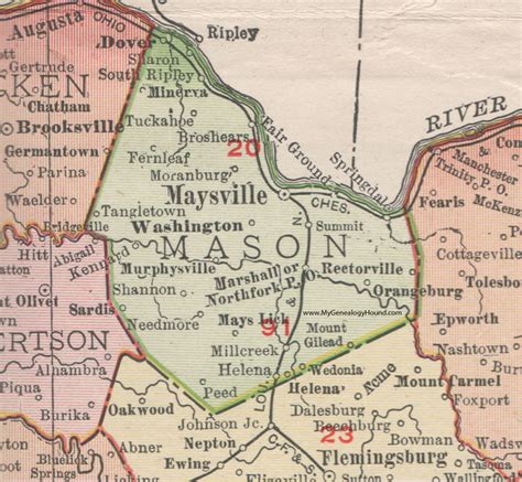 Mason County, Kentucky 1911 Rand McNally Maysville, Washington, Dover, KY