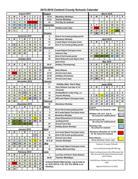 2015-2016 Carteret County Schools Calendar