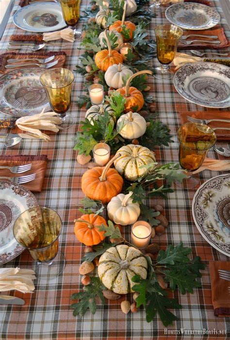 A Thanksgiving Table with Turkey Plates, Plaid and Pumpkin-Oak Leaf Runner | Thanksgiving table ...