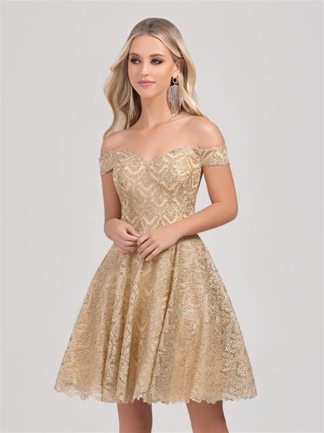 Val Stefani Cocktail | Style 3379RK | Short metallic gold lace off-the-shoulder ball gown | Gold ...