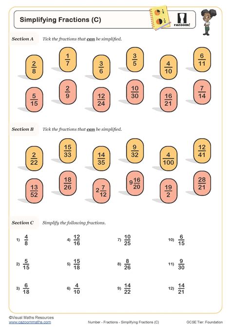 Simplifying Fractions (C) Worksheet | Cazoom Maths Worksheets