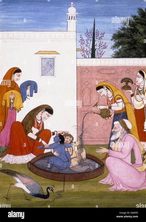 Bath of Krishna and Balarama. Rajput miniature painting circa circa ...