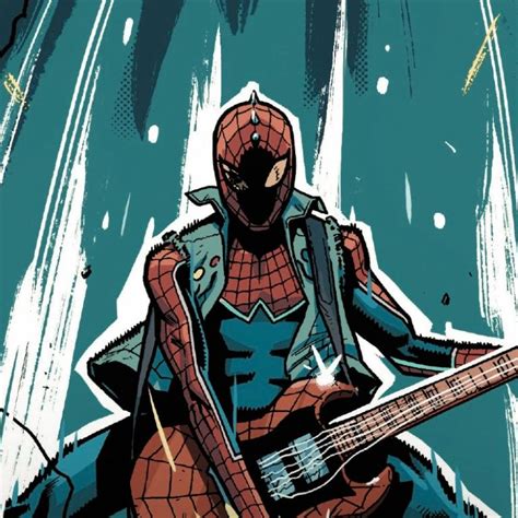 a person with a guitar in their hand and wearing a spider - man costume,