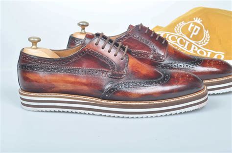 Tuccipolo handmade luxury burnished brown wingtip brogue mens italian ...