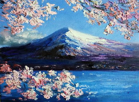 Landscape Mountain Sea view Fuji Spring Cherry Blossom Japan Sakura (2020) Oil painting by ...