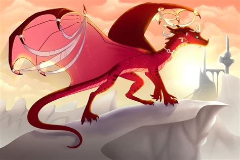 a red dragon in a pink dress on top of a mountain