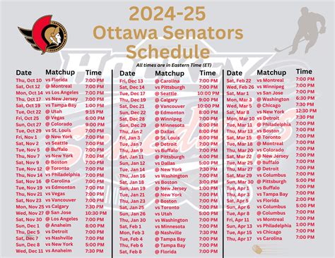 Printable 2024-25 Ottawa Senators Schedule; Matchups; PDF format ...