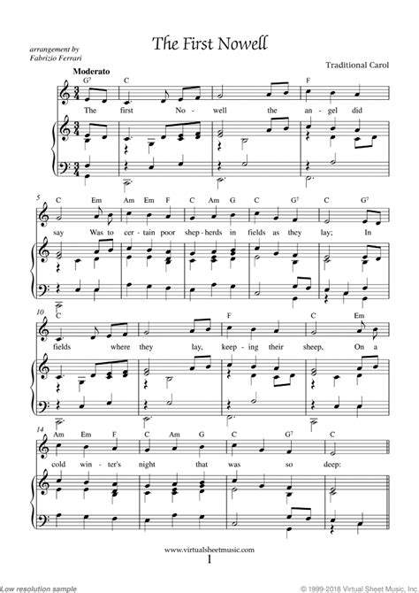 The First Nowell Piano Sheet Music, Easy with Lyrics [PDF]