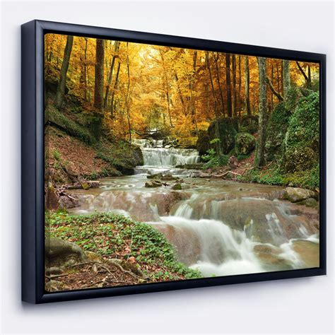 Designart ' Forest Waterfall with Yellow Trees ' Large Landscape Framed Canvas Art Print ...