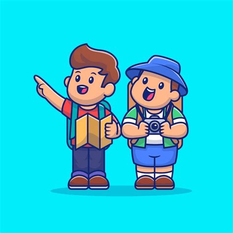 Cute tour guide and tourist cartoon vector icon illustration. people and travel icon concept ...