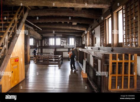 Himeji castle, Japan. Interior of the keep, long open corridor with ...