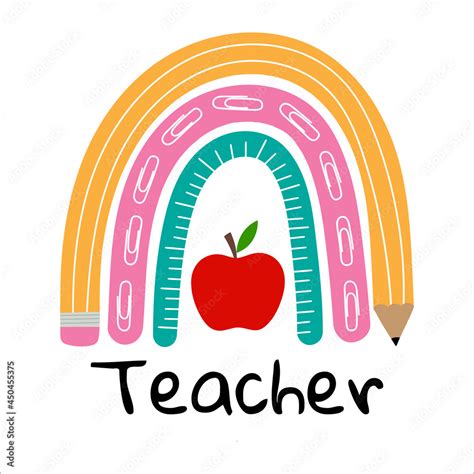 Teacher rainbow school. Rainbow with red apple, pencil, ruler. Vector ...