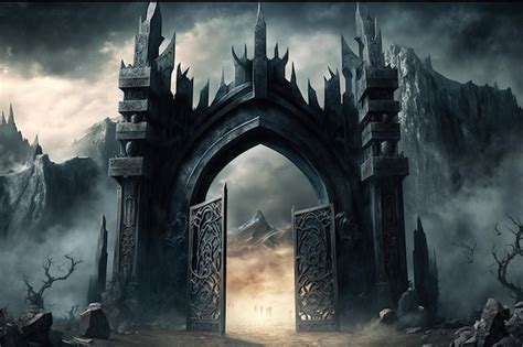 Premium Photo | Closeup of the black gate of mordor with its menacing stone doors and many ...