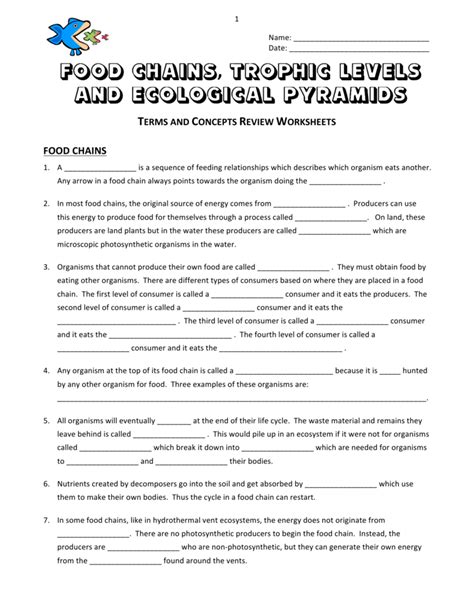 Food Chain Trophic Levels Worksheet