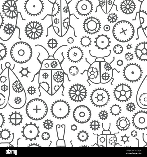 Steampunk vintage metal isolated frames vector seamless pattern. Grunge insects, cogs, black ...