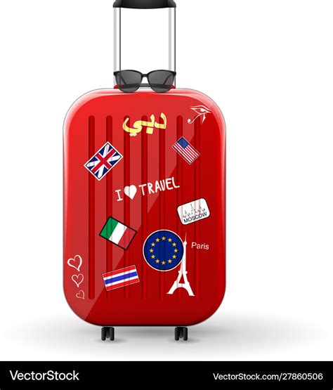 Travel bag with stickers red glossy suitcase Vector Image