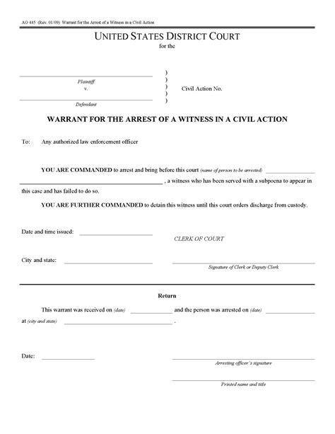 USA Arrest Warrant for Witness in Civil Action Form AO445 | Legal Forms and Business Templates ...