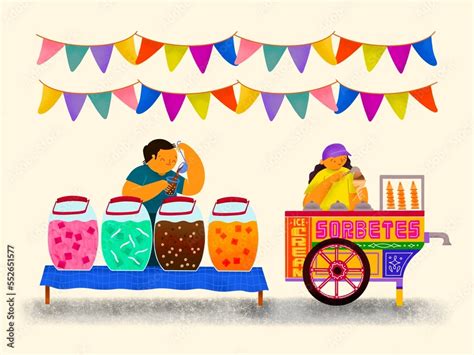 Filipino fiesta scene with samalamig vendor and sorbetes cart vendor with banderitas on cream ...