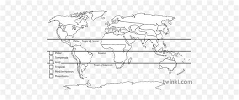 World Climate Zones Blank Map Geography Ks3 Ks4 Bw Rgb - Blank Climate Zone Map Png,Blank World ...