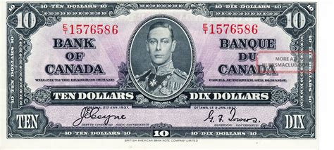 1937 Canadian Paper Money $10 Dollar Bill Almost Uncirculated Valued ...